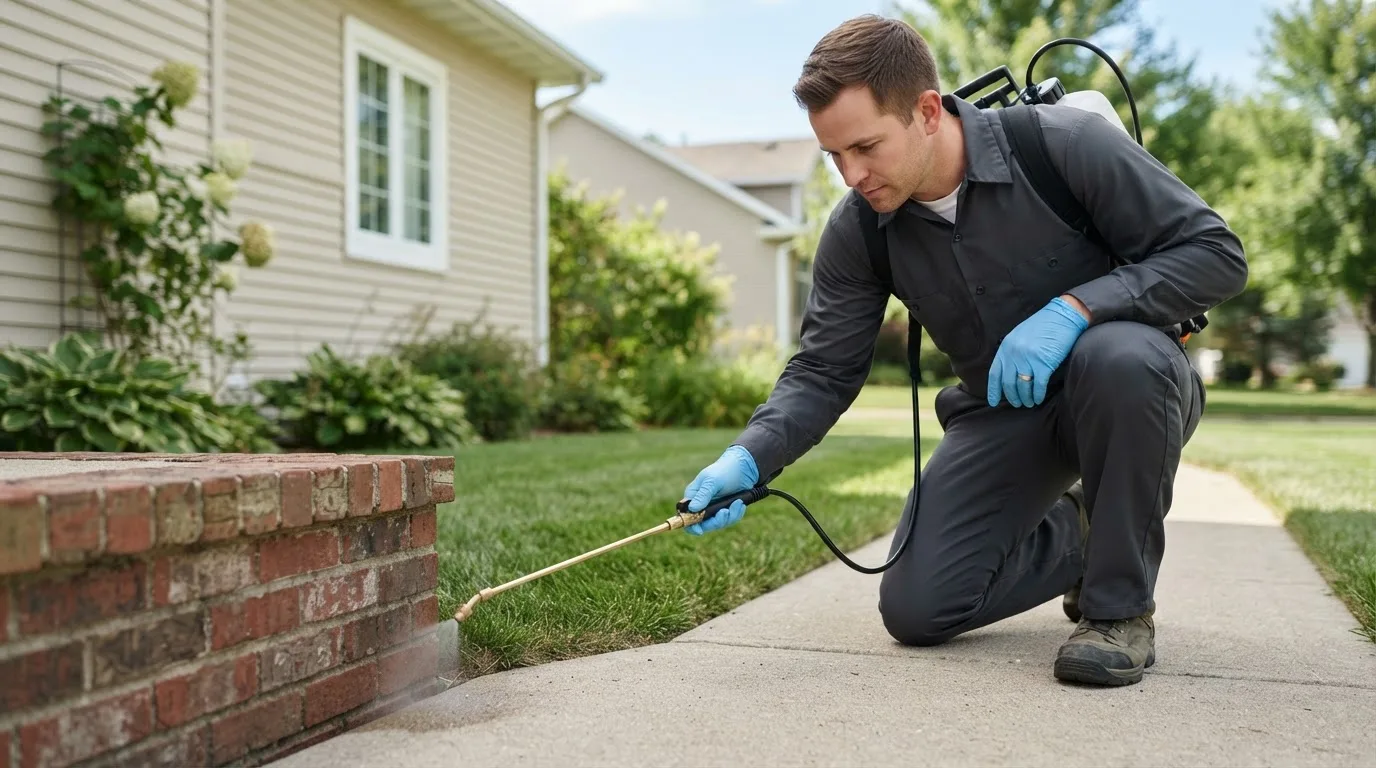 Pest control technician treating a home near Hamden, CT